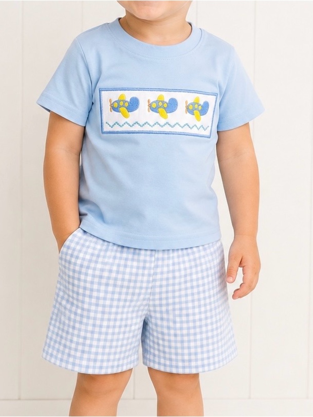 Abby & Evie Toddler Boys 2T Smocked Airplane Gingham Short Set NWOT
